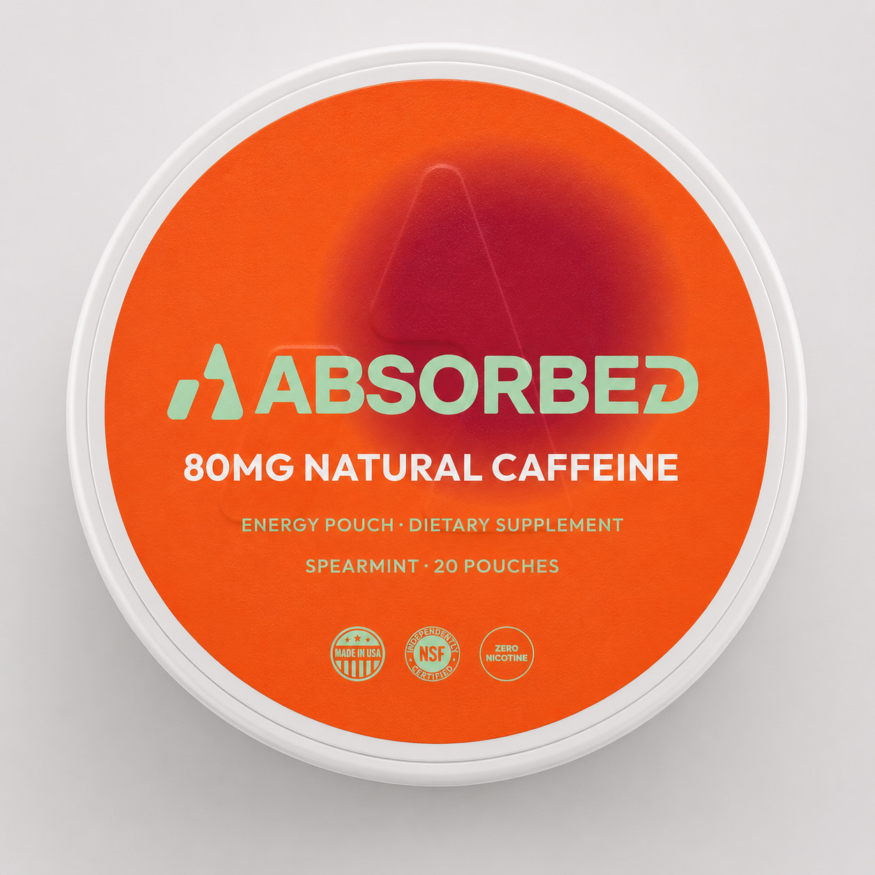 Absorbed spearmint tin from above — energy pouch, dietary supplement, 20 pouches