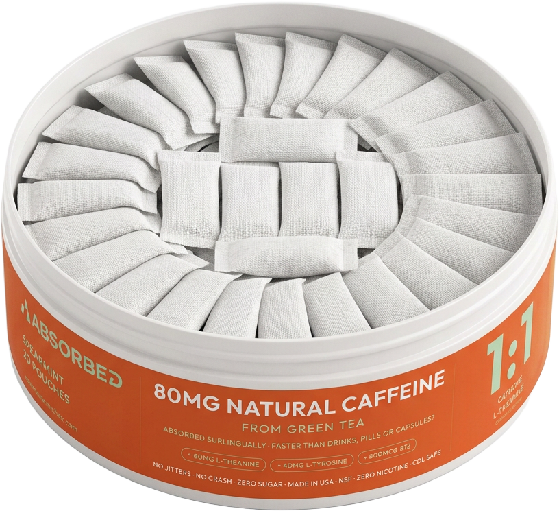 Open Absorbed tin revealing spearmint energy pouches